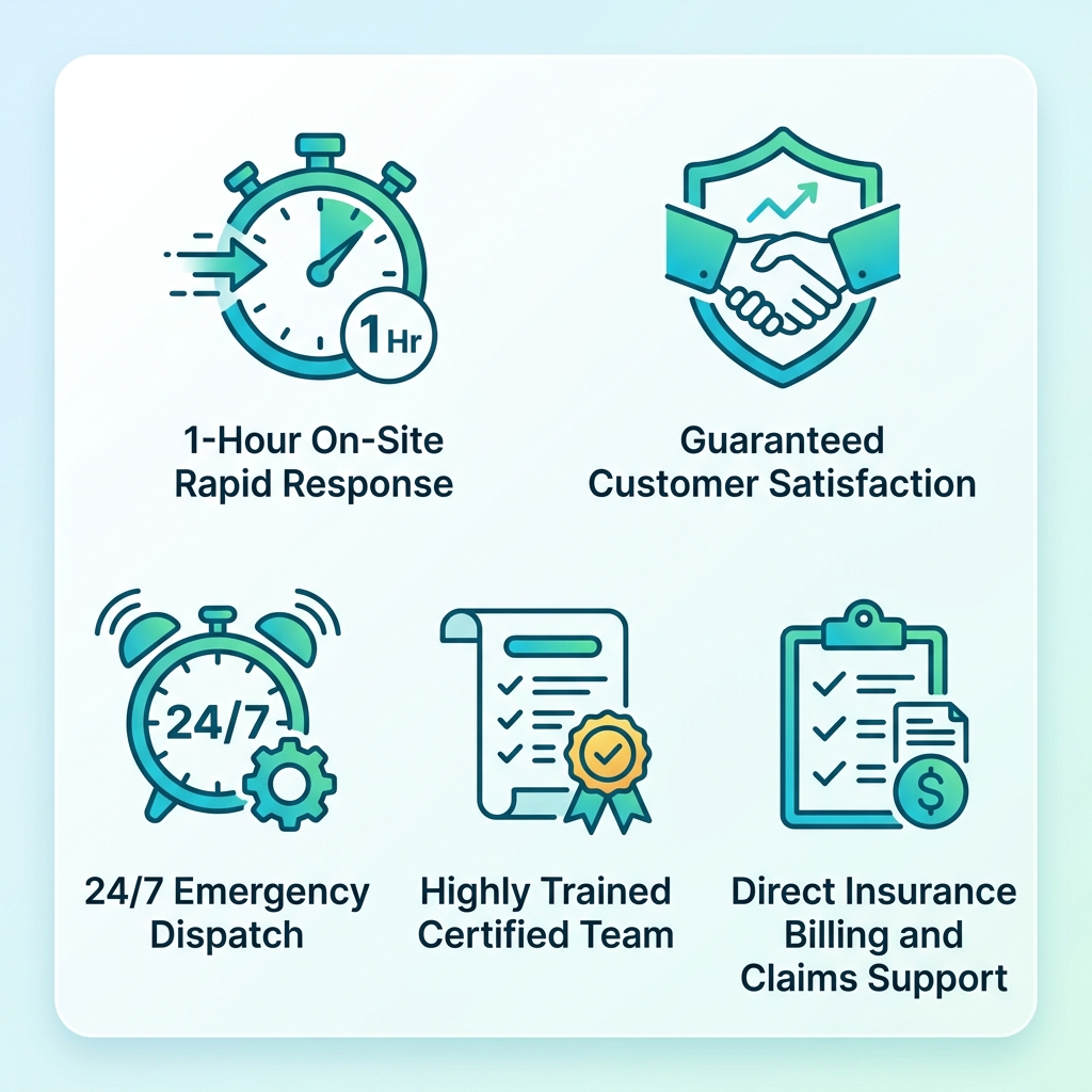 Icon set showing five key service differentiators for Goliath Disaster Restoration: 24/7 emergency response clock, one-hour on-site stopwatch, IICRC-certified certificate, satisfaction star, and insurance documentation clipboard