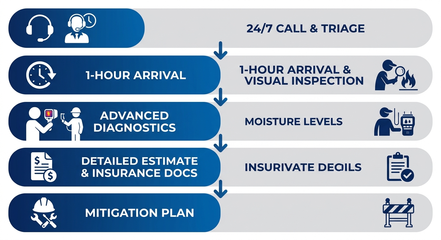 Vertical process-flow diagram showing five stages of fire damage diagnostic: 24/7 call and triage, 1-hour arrival and visual inspection, advanced diagnostics, detailed estimate and insurance docs, and mitigation plan.
