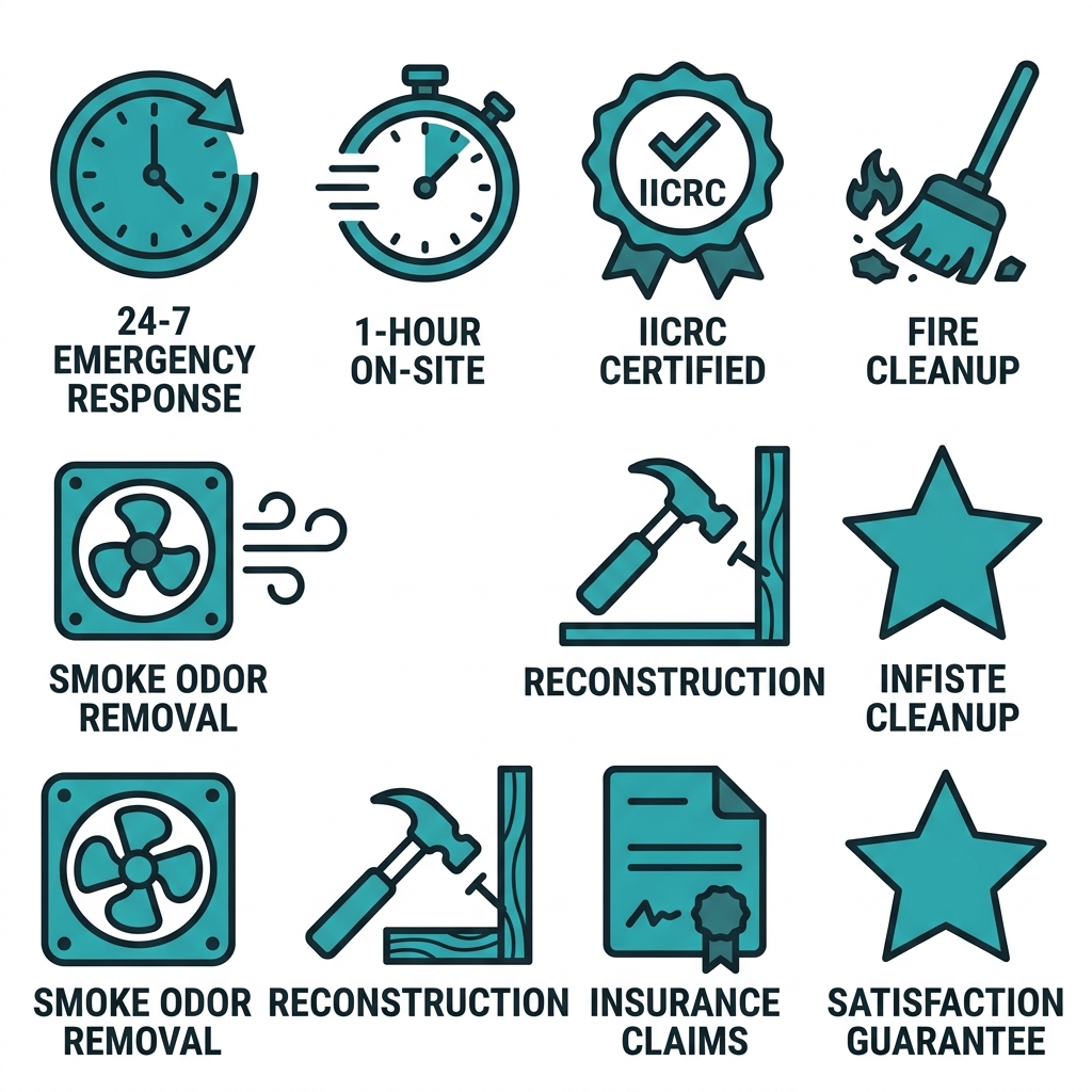 Icon set for fire and smoke damage restoration services including emergency response, IICRC certification, cleanup, and reconstruction